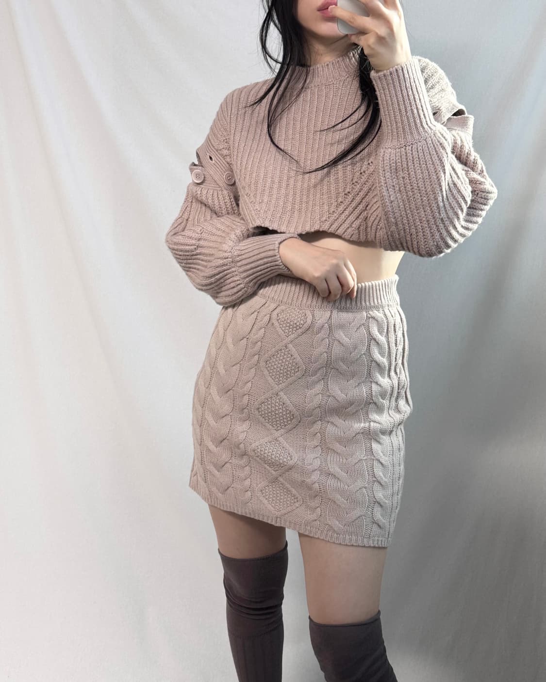 오픈 버튼 숄더 크롭 니트 스커트 2pcs SET (단품 구매 가능) 상품이미지3