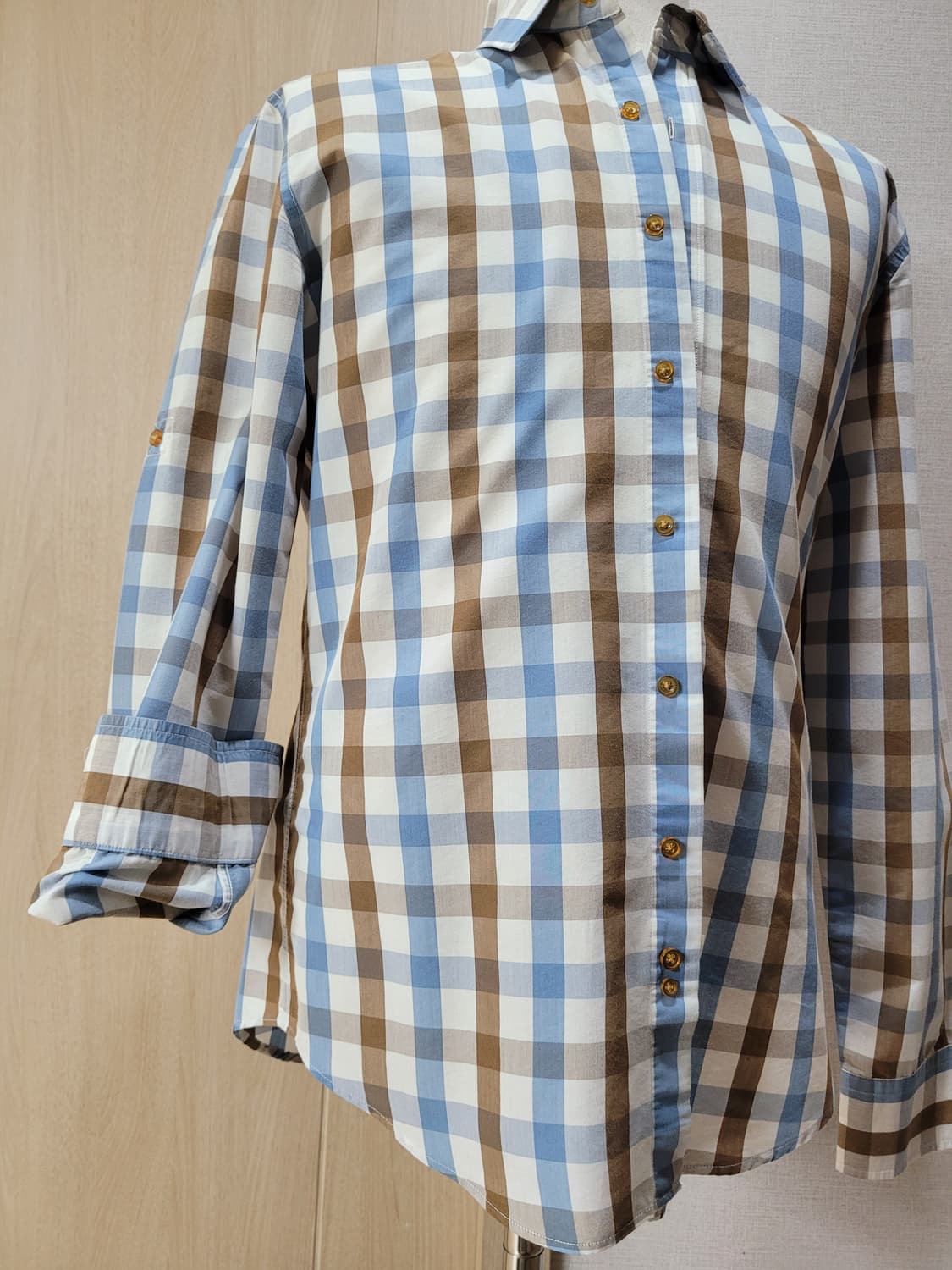 스파오 SPAO 남자 롤업 체크 셔츠 100 블루 상품이미지3