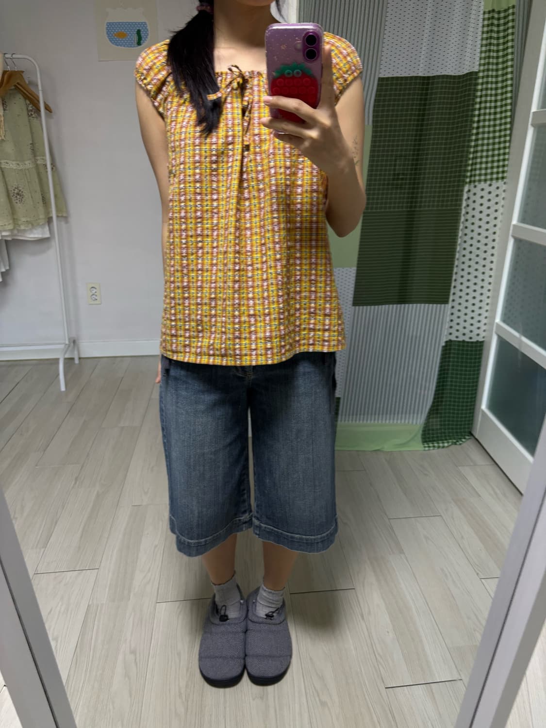 오렌지 체크 퍼프 소매 블라우스 상품이미지2