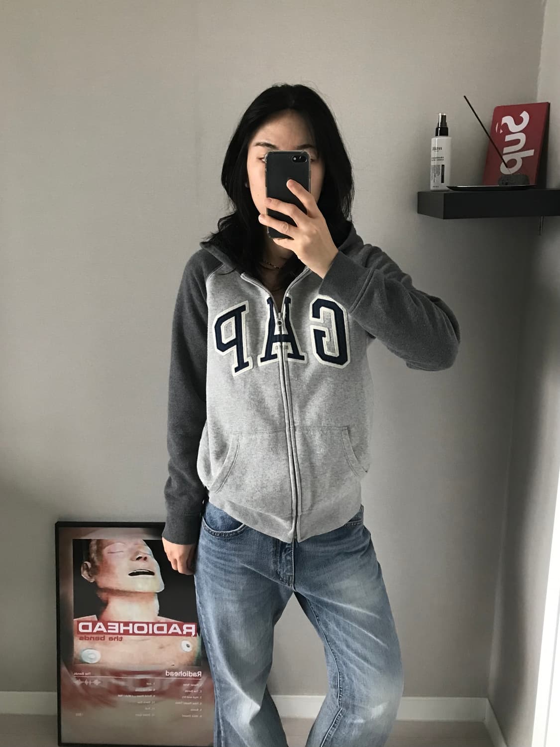 갭 중앙 빅 로고 기모 양털 나그랑 패턴 후드집업 상품이미지1