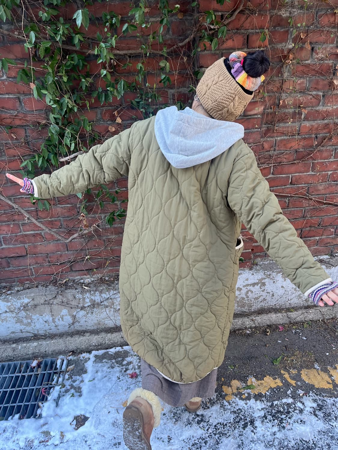 카키 퀼팅 플리스 후드 아우터 상품이미지5