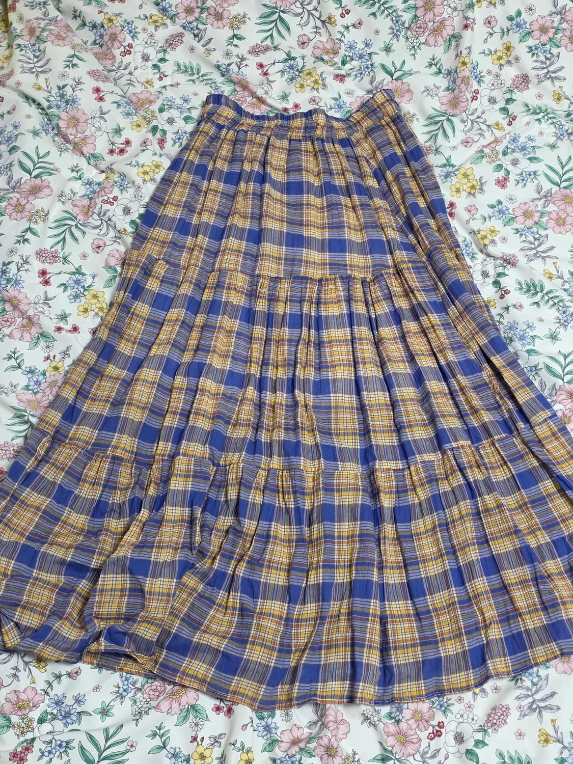 일본빈티지)옐로우x블루 체크 모리걸갸루 플리츠 패치워크 캉캉롱스커트 상품이미지1
