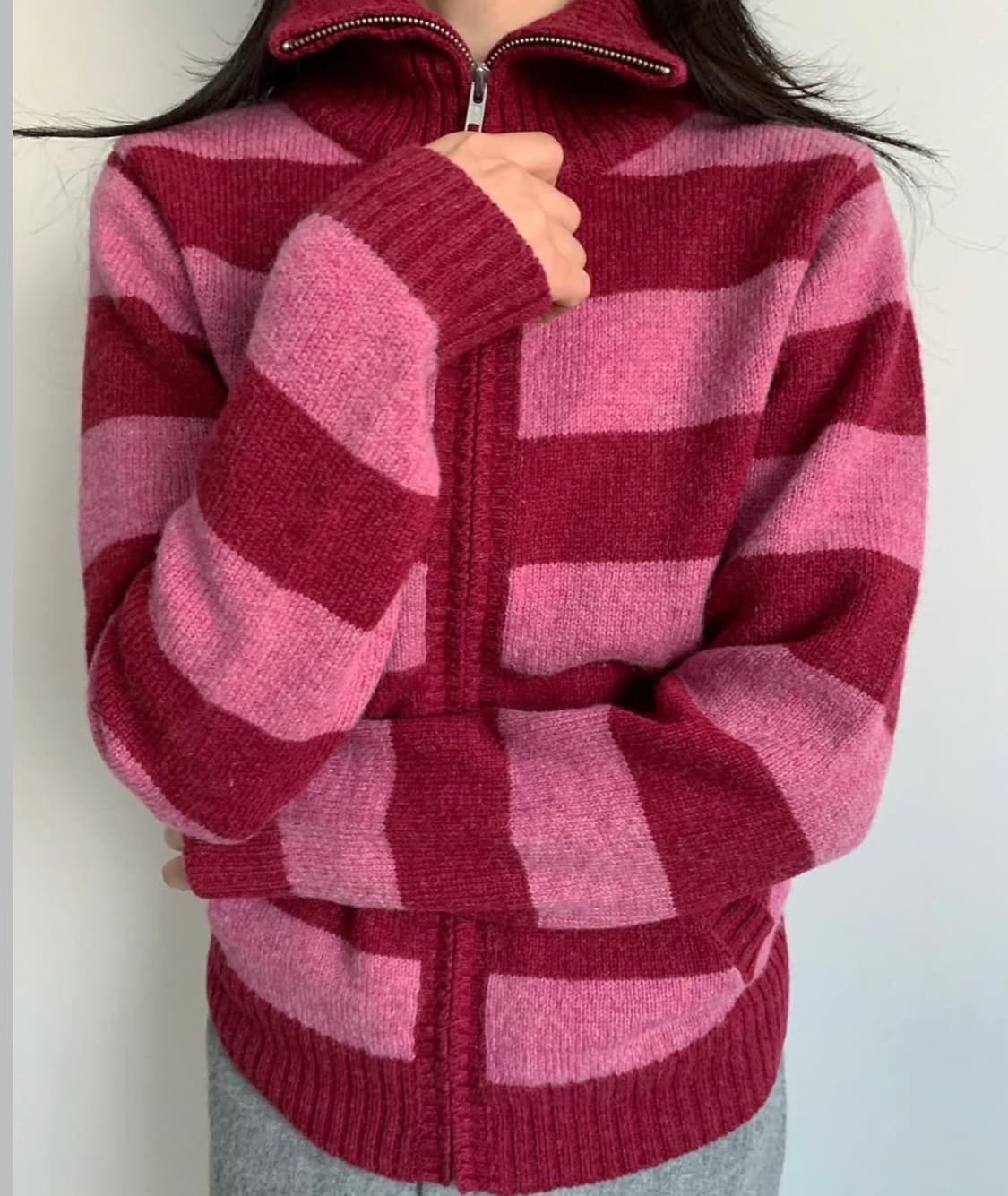 택포) pink high-neck stripe wool cardigan 상품이미지1