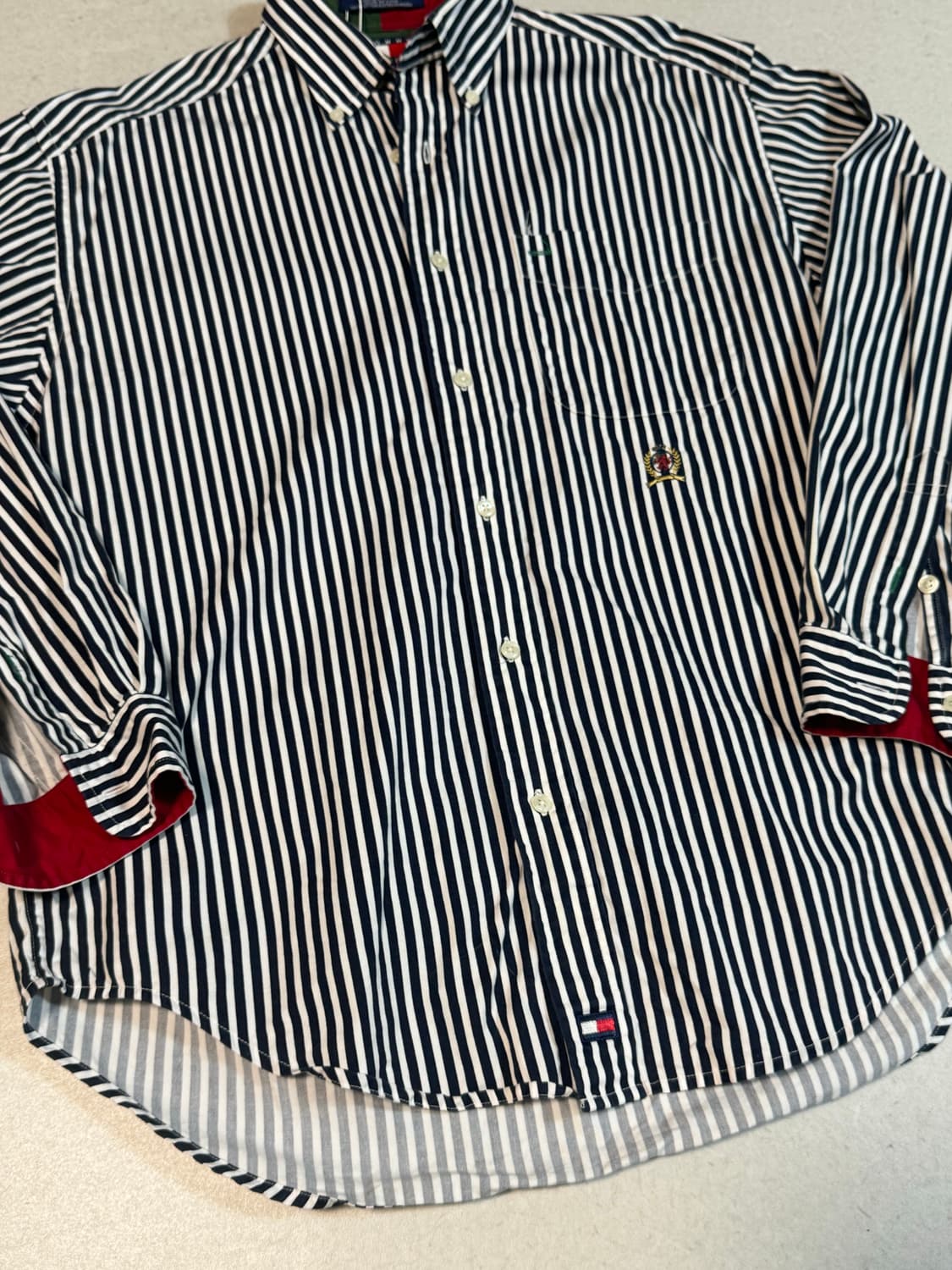 타미힐피거 빈티지 포인트 컬러 스트라이프 자수 로고 셔츠 네이비 m 상품이미지2