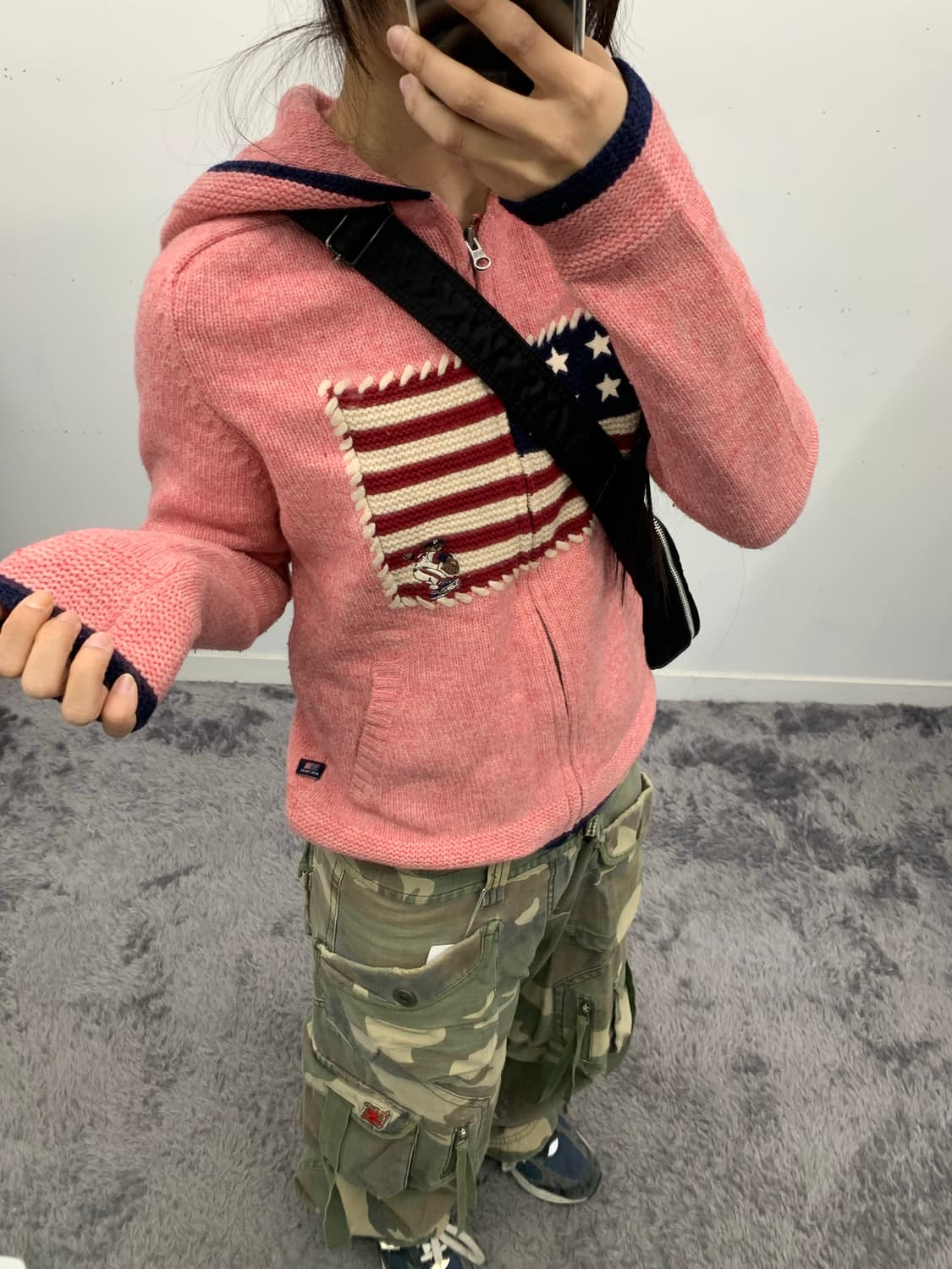 성조기 핑크 니트 후드집업 상품이미지4