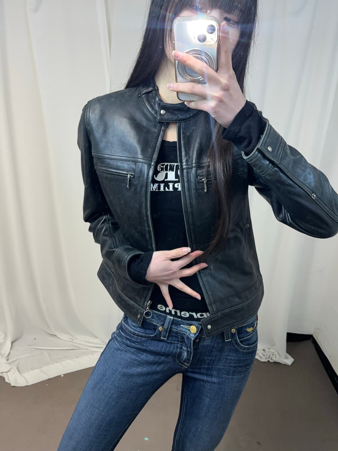 더블 지퍼포켓 블랙 레더 자켓 상품이미지2