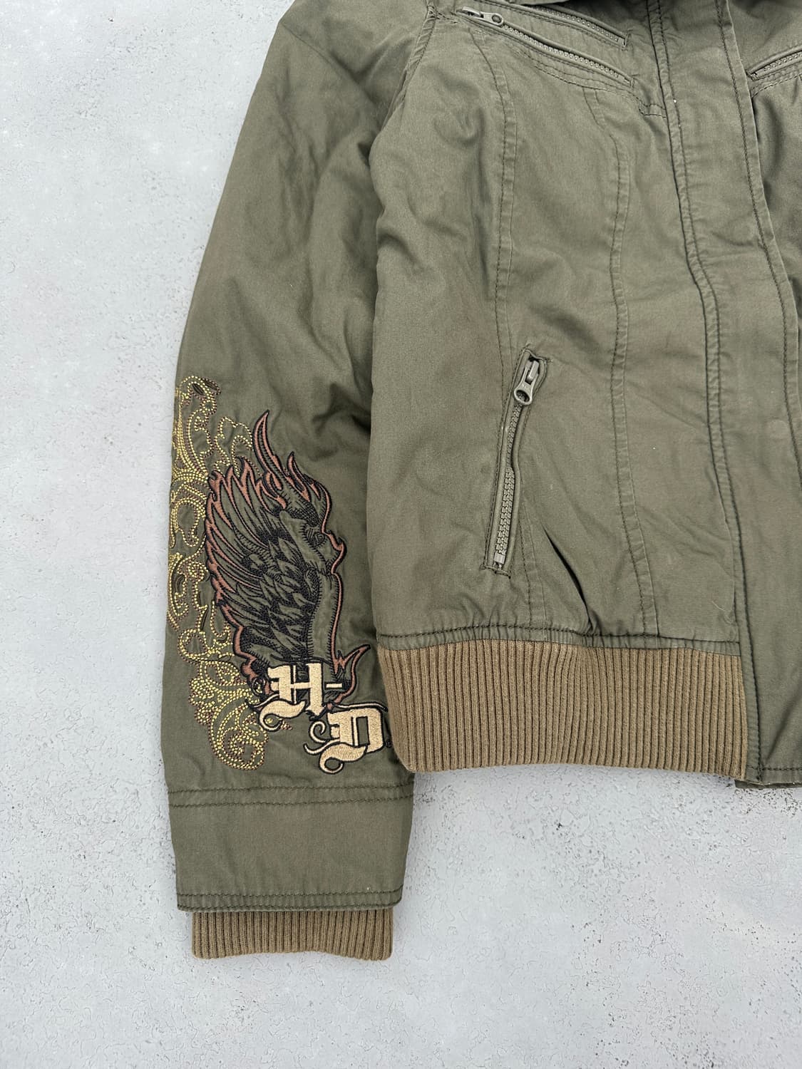 할리데이비슨 로고 자수 크롭 봄버자켓 올리브 카키 y2k 상품이미지5