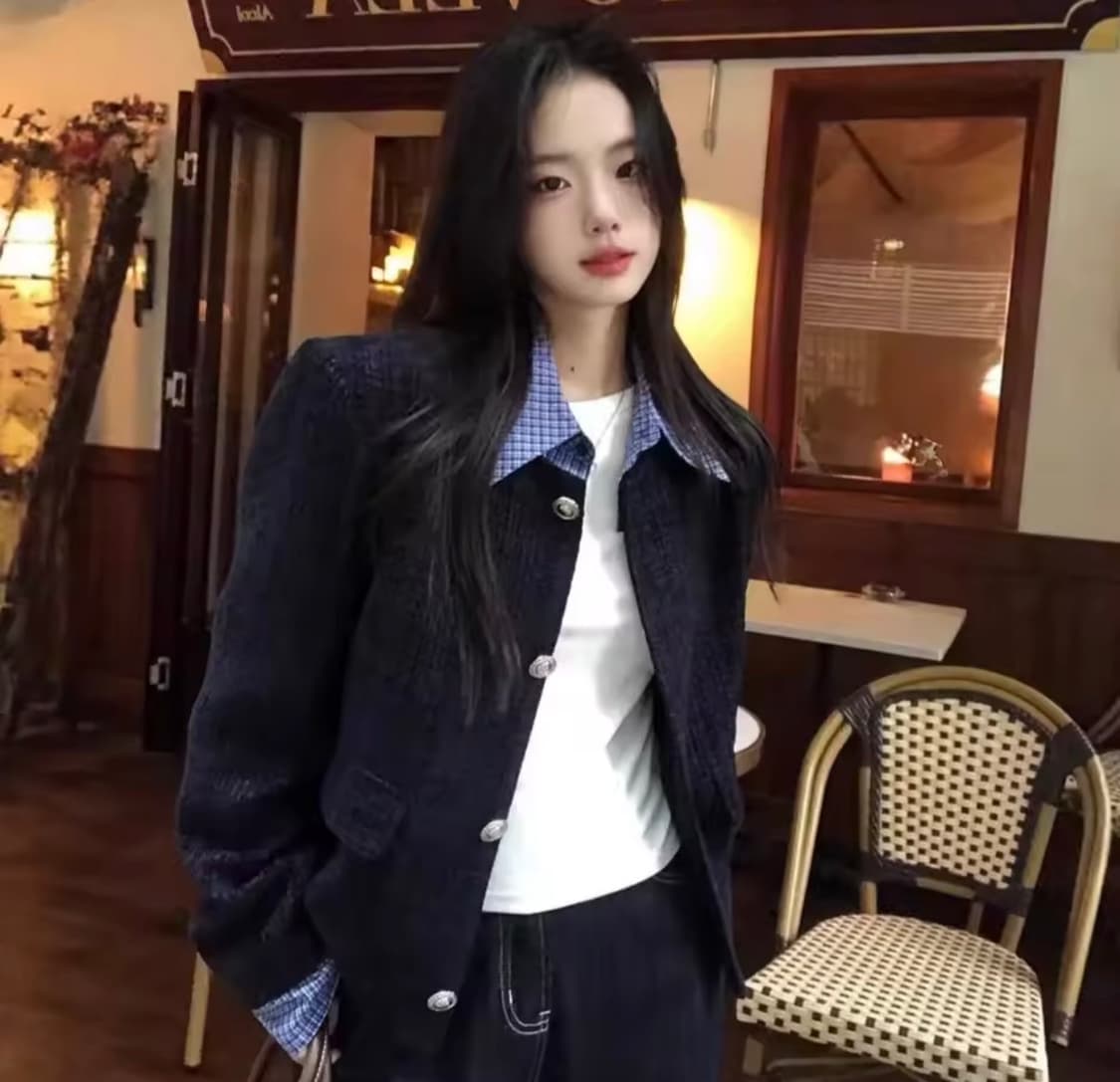 체크 카라 루즈핏 블랙 버튼 자켓 상품이미지1