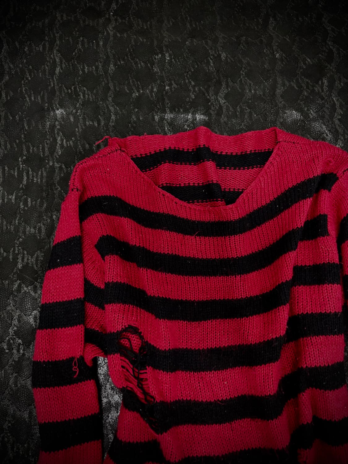“Vintage” Punk Red Stripe Damaged Knit S 상품이미지4