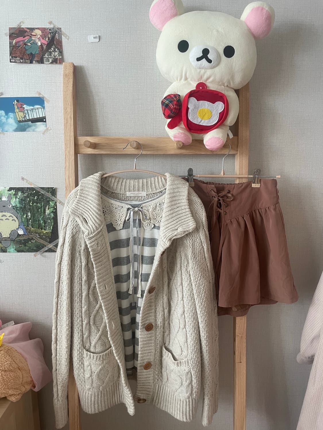 모리걸 바닐라쿠키 케이블 가디건 크로쉐 리본 블라우스 set 상품이미지1