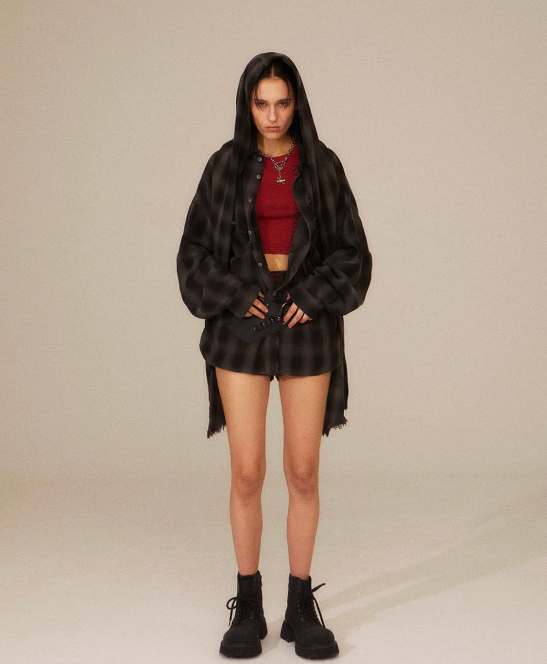 키치앤키스 체크 셔츠+후드 머플러+체크 팬츠코디 세트 셋업 상품이미지4