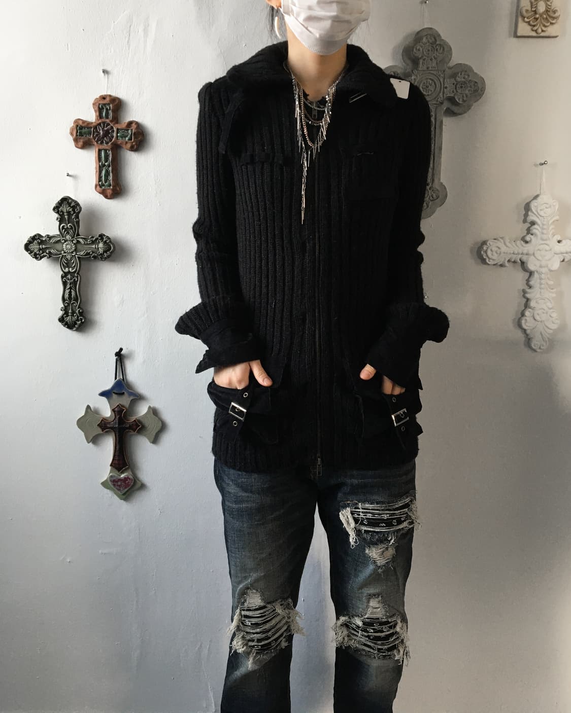 Belted ribbed high neck knit cardigan 상품이미지1