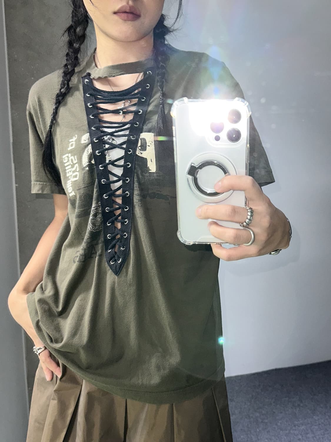 khaki eyelet open t shirt 상품이미지3