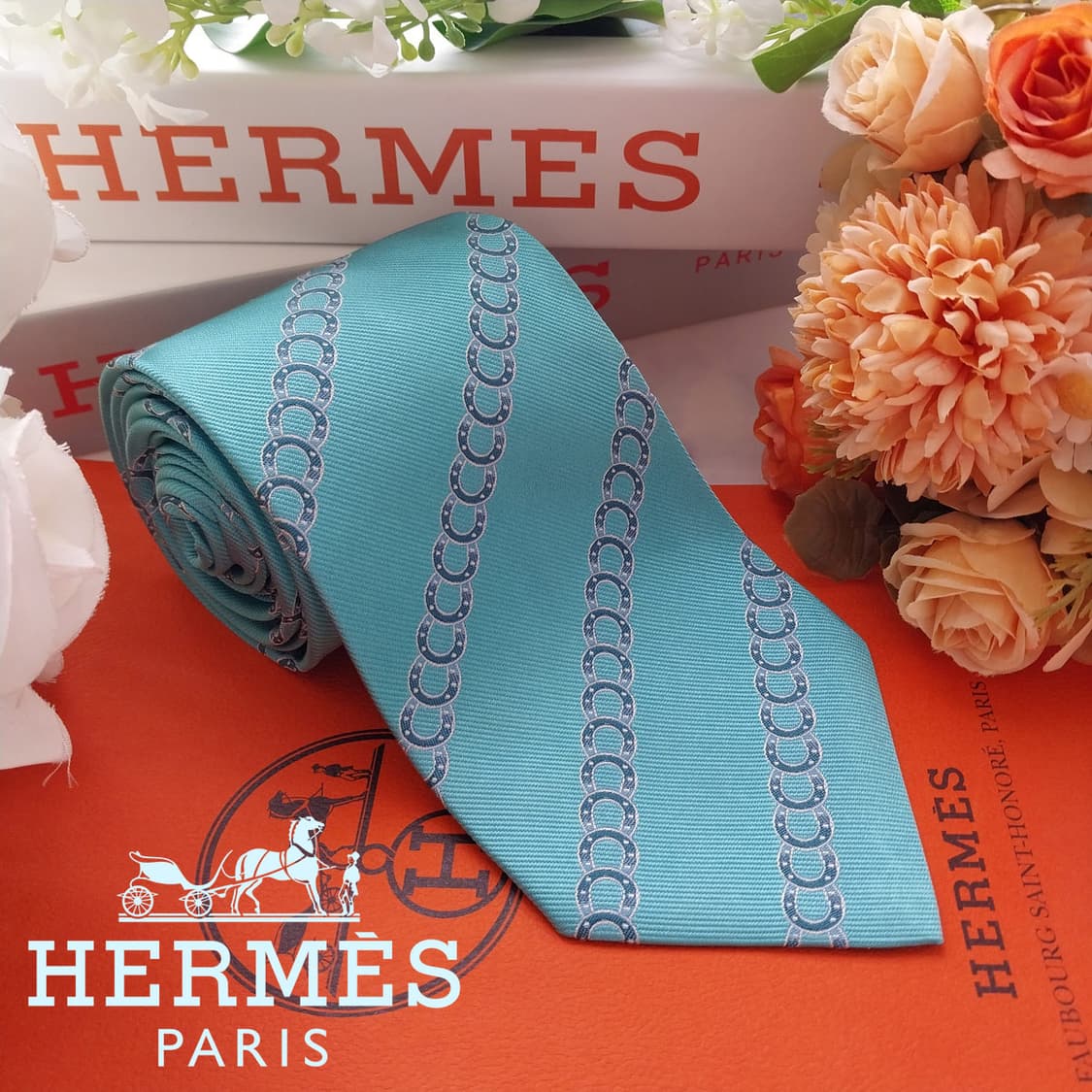 에르메스 실크 스카이블루 말굽 패턴 넥타이 9.1cm A+등급 K1709 상품이미지2
