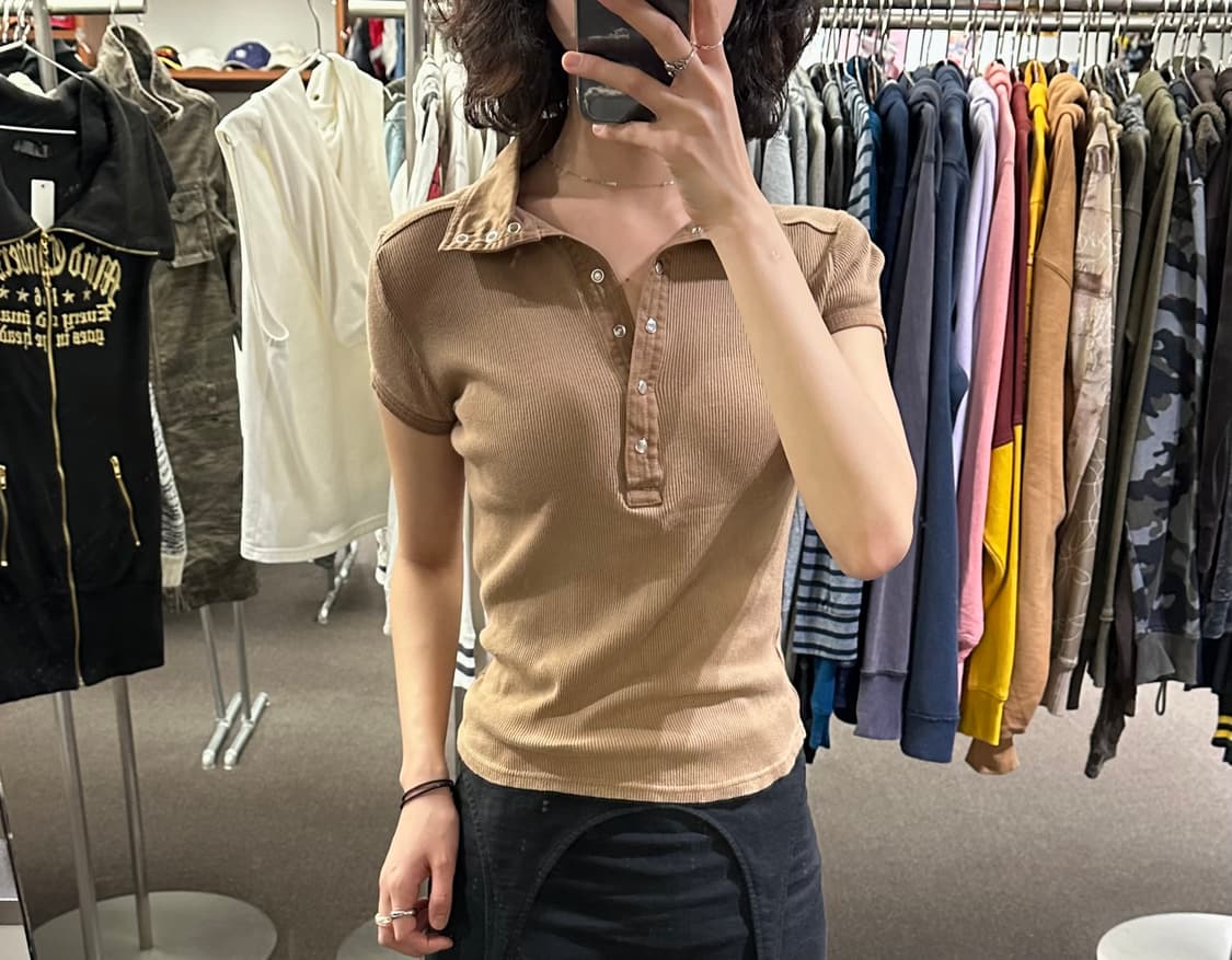 L)Japanese vintage 여성 베이지 골지 반팔 상품이미지1