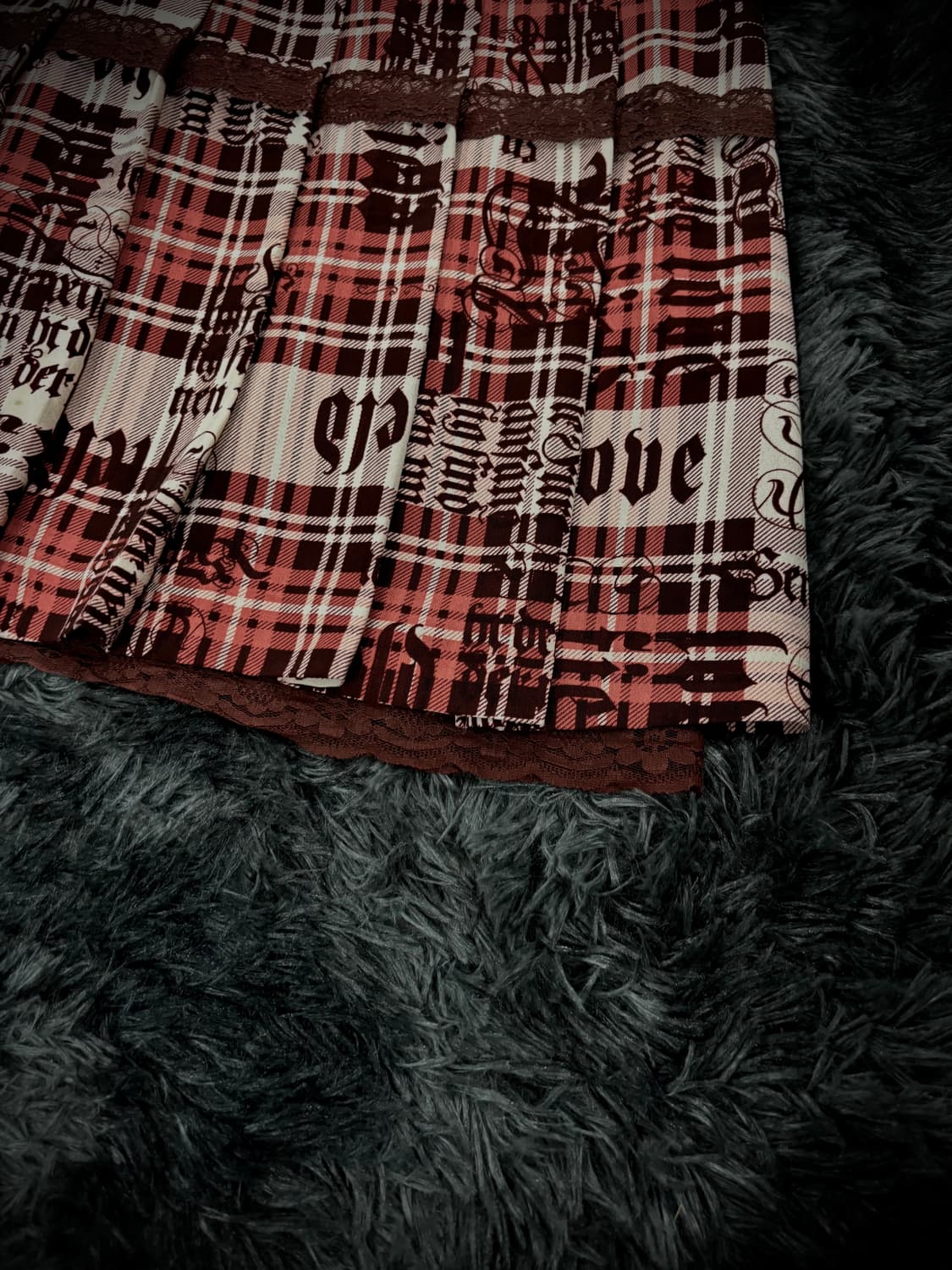 레드 체크 레터링 펑크 레이스플리츠 스커트 상품이미지3