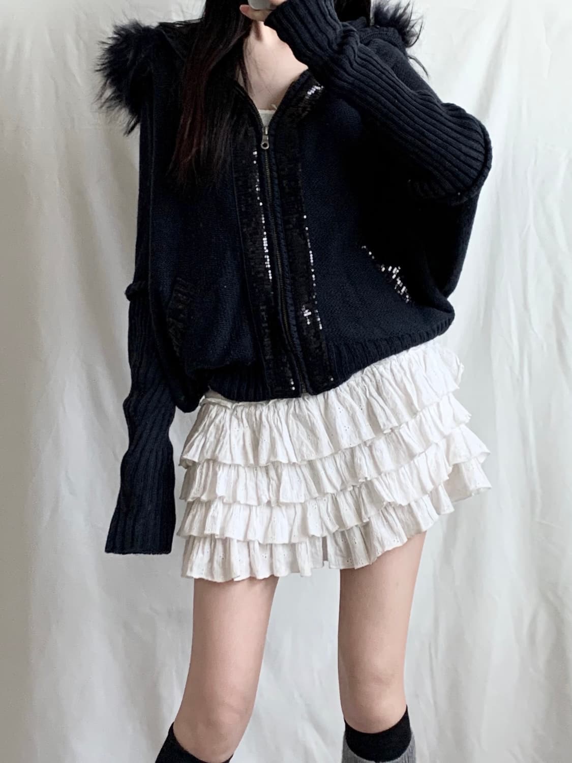 딥네이비 펑크 오네갸루 퍼 가오리핏 니트 후드집업 상품이미지2