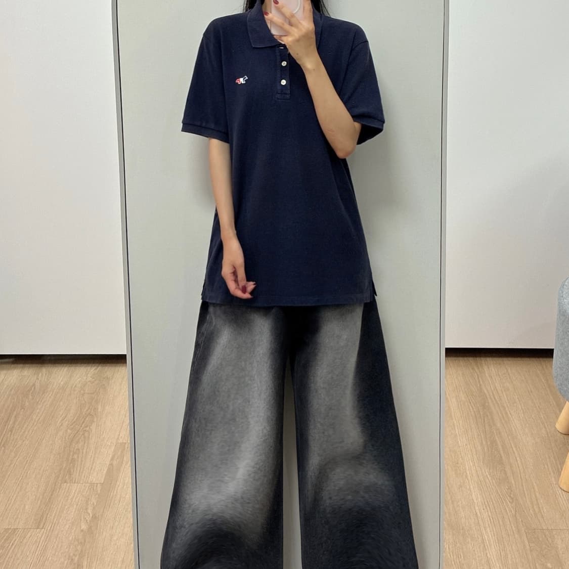 메종키츠네 트라이컬러 폭스 패치 딥네이비 카라 반팔 티셔츠 상품이미지1