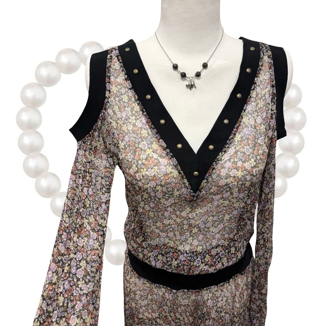 일본 빈티지 유니크 오리엔탈 쉬폰 어깨 트임 원피스 상품이미지6