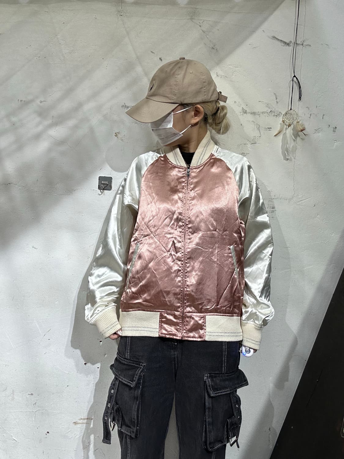 일본 빈티지 핑크 화이트 배색 크롭 스카잔 자켓 L 상품이미지2