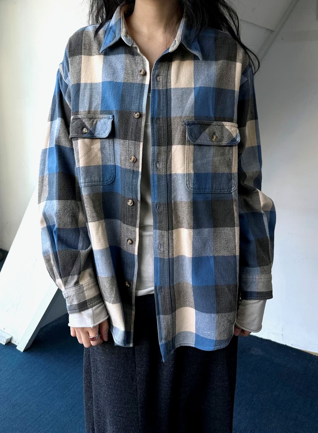  Cotton woven nel check wide shirt 상품이미지6