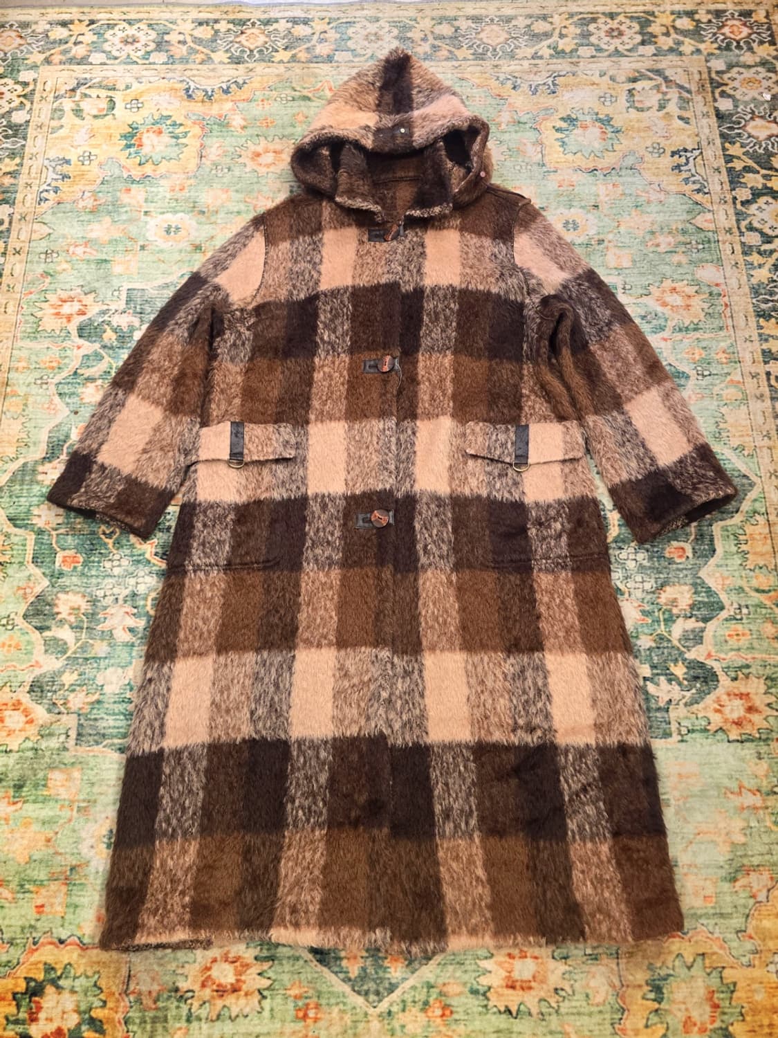 빈티지 체크 모 후드 롱코트 상품이미지3