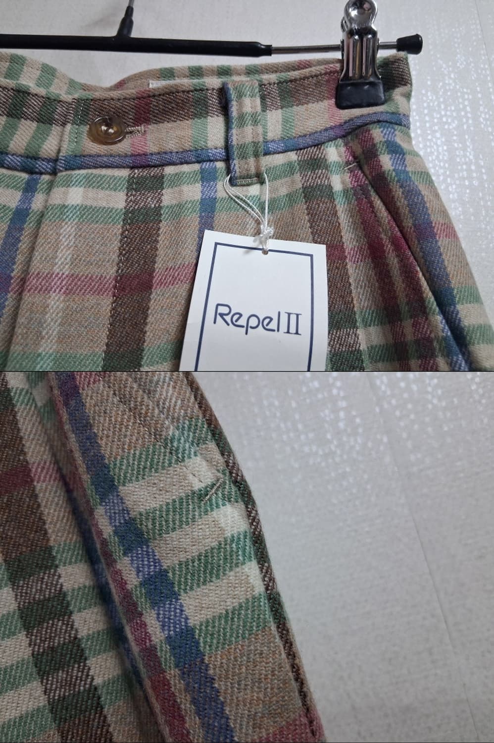 일본빈티지 PEARLY GATES레트로 체크 순모모직팬츠 하이 배바지웨스 상품이미지4