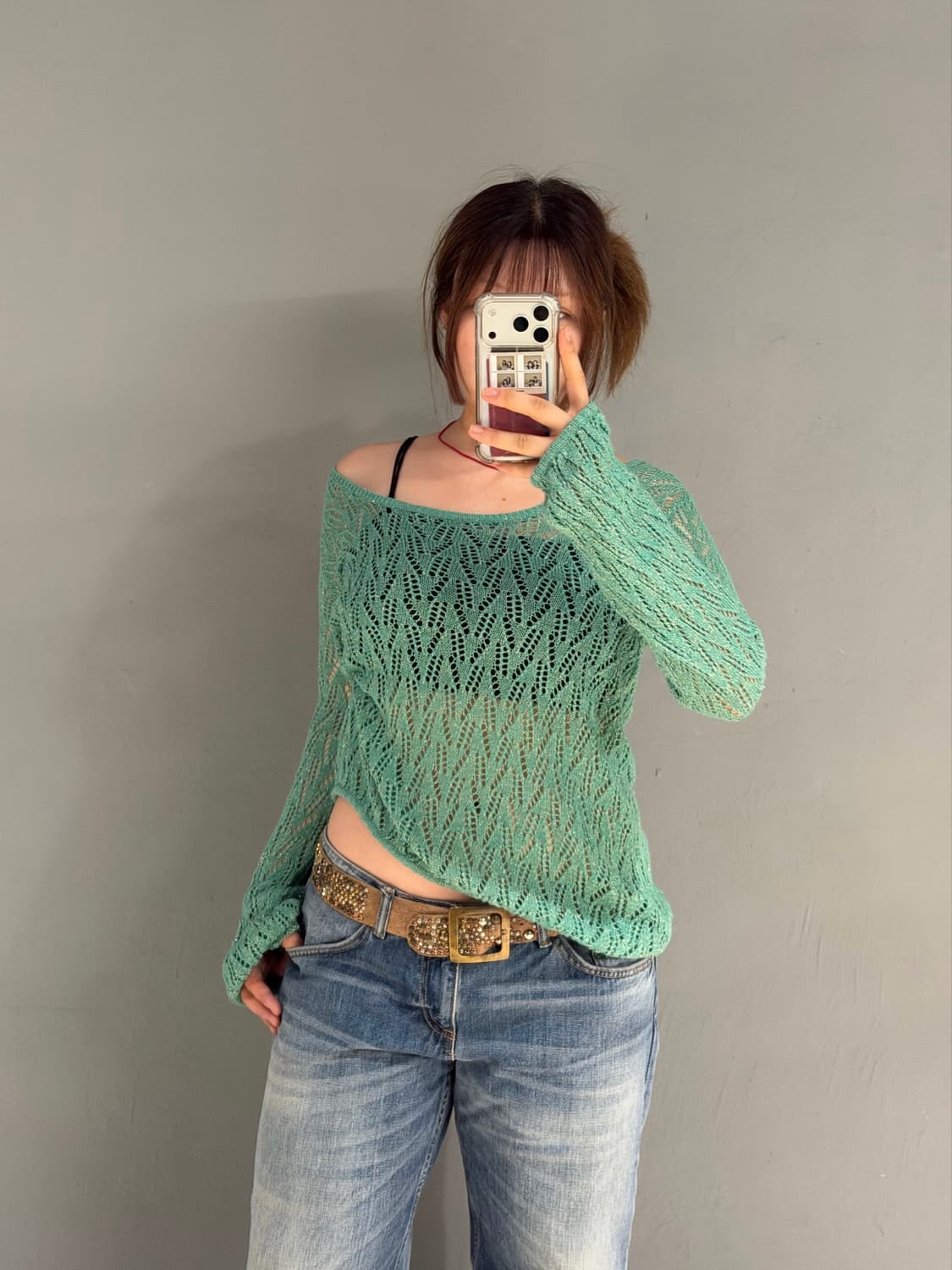 Mint punching detail summer knit top 상품이미지1