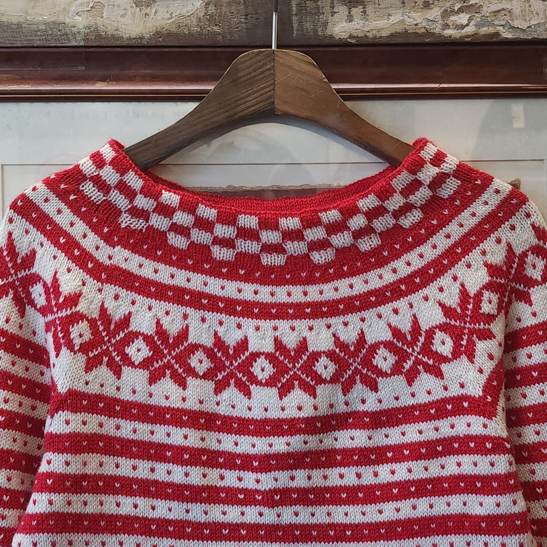 90s 프렌치 핸드메이드 울 니트 스웨터 노르딕 하트 패턴 상품이미지4