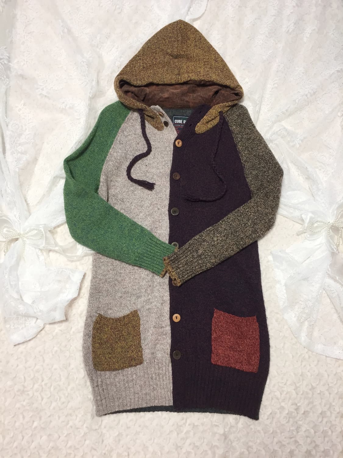 빈티지 히피모리걸 배색 니트 후드집업 상품이미지1