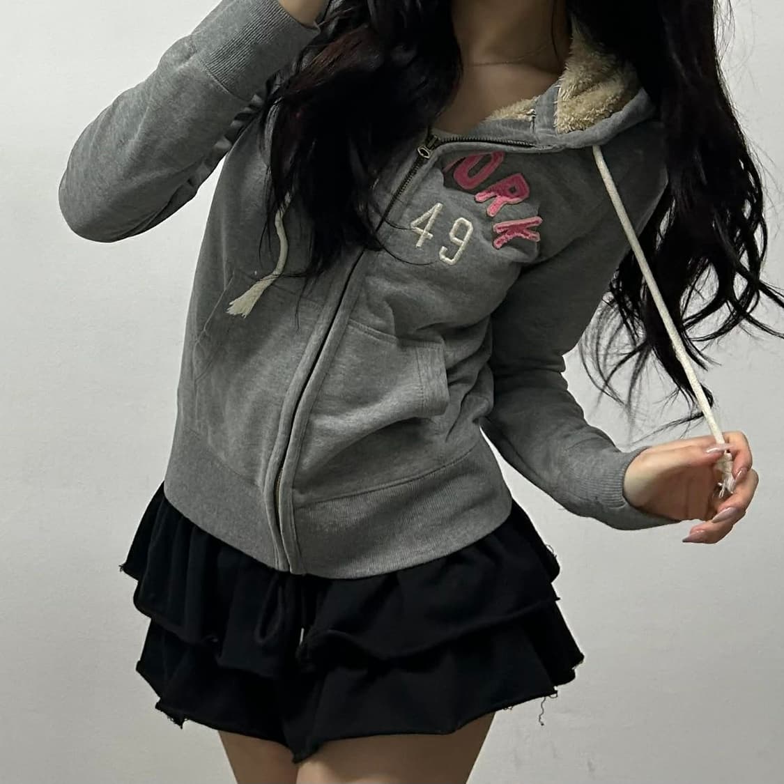 후아유 y2k 그레이 핑크 대대장 후드집업 희귀져지(S) 상품이미지1