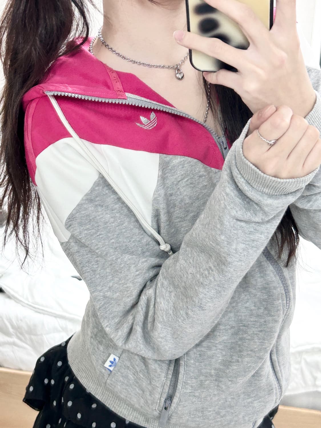 아디다스 자수로고 핑크 배색 후드집업 상품이미지3