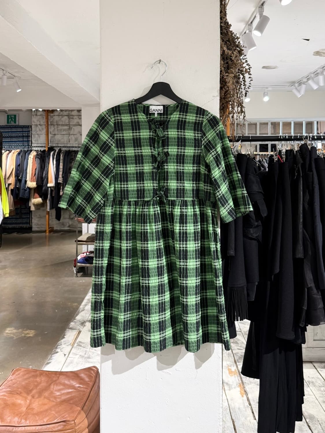 가니 그린 체크 리본 코튼 미니 드레스 상품이미지1