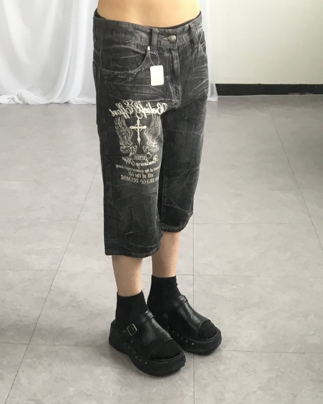 Printing washing denim half pants 상품이미지5