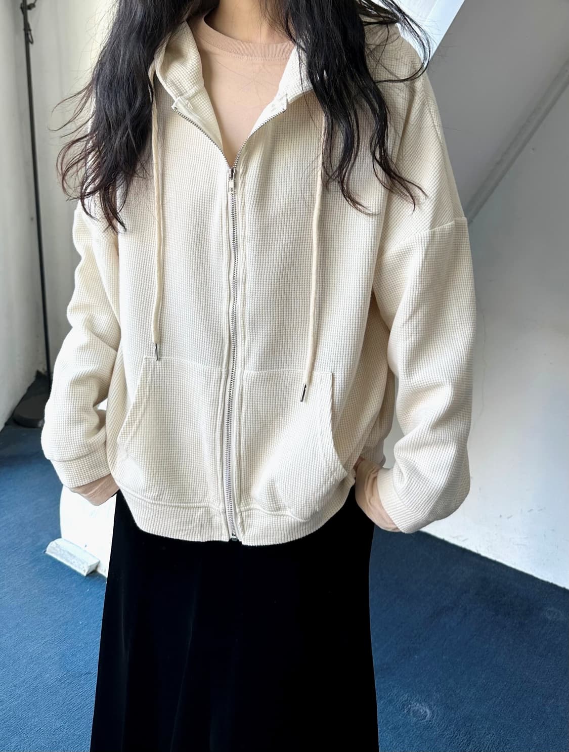 High gauge waffle knitted hood zip parka 상품이미지9