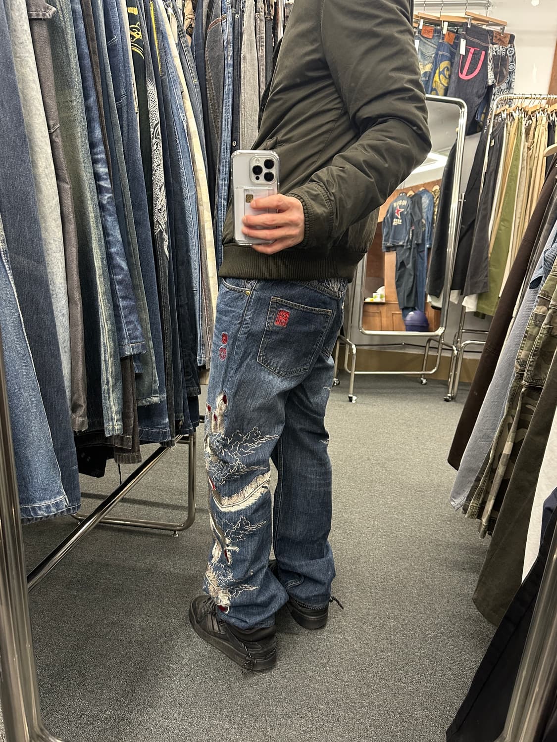 32) 카라쿠리 타마시 봉황 자수 오리엔탈 데님팬츠 상품이미지3