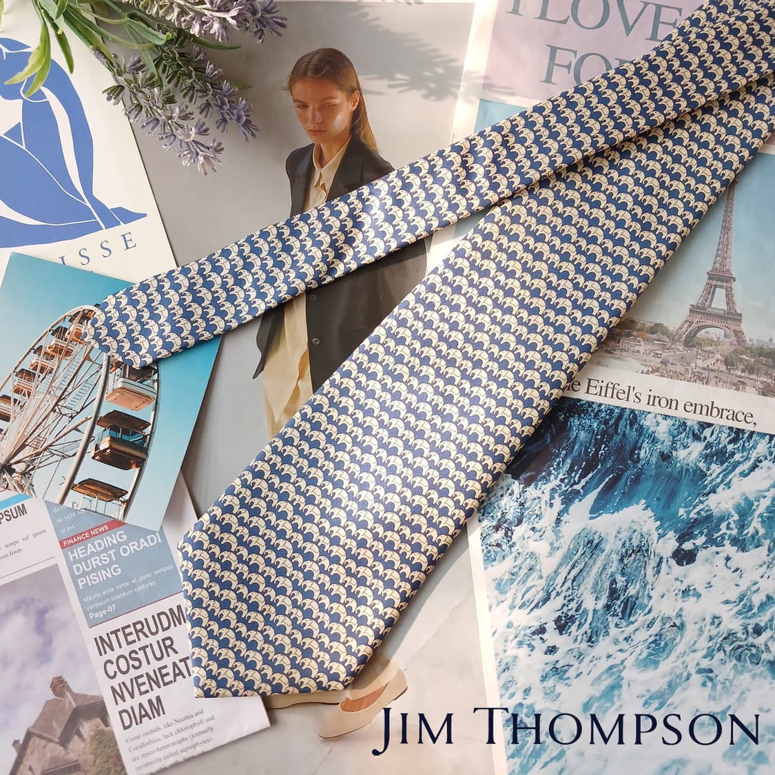 짐 톰슨 실크 블루 코끼리 패턴 넥타이 9.4cm A등급 A19750 상품이미지2