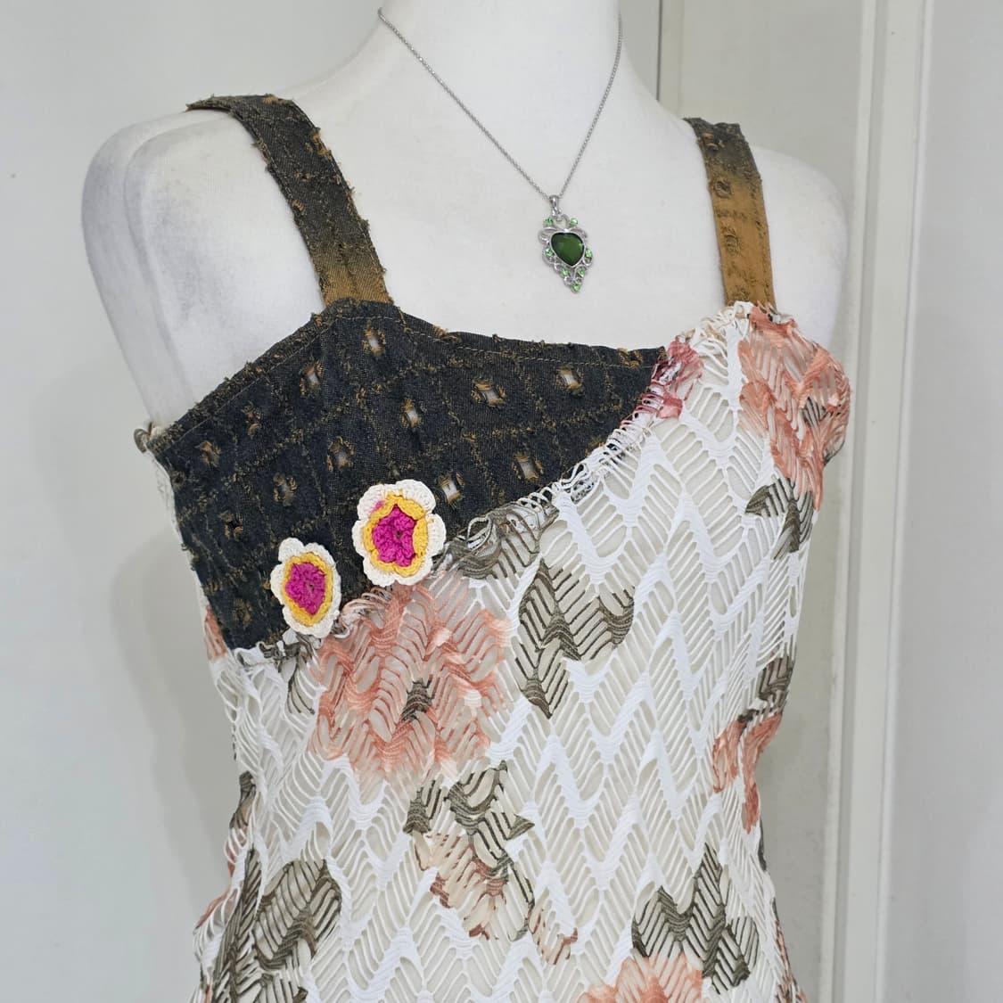 일본빈티지)패치워크st 하구미모리걸 플로럴 보헤미안 레이스 언발슬리브리스 상품이미지2