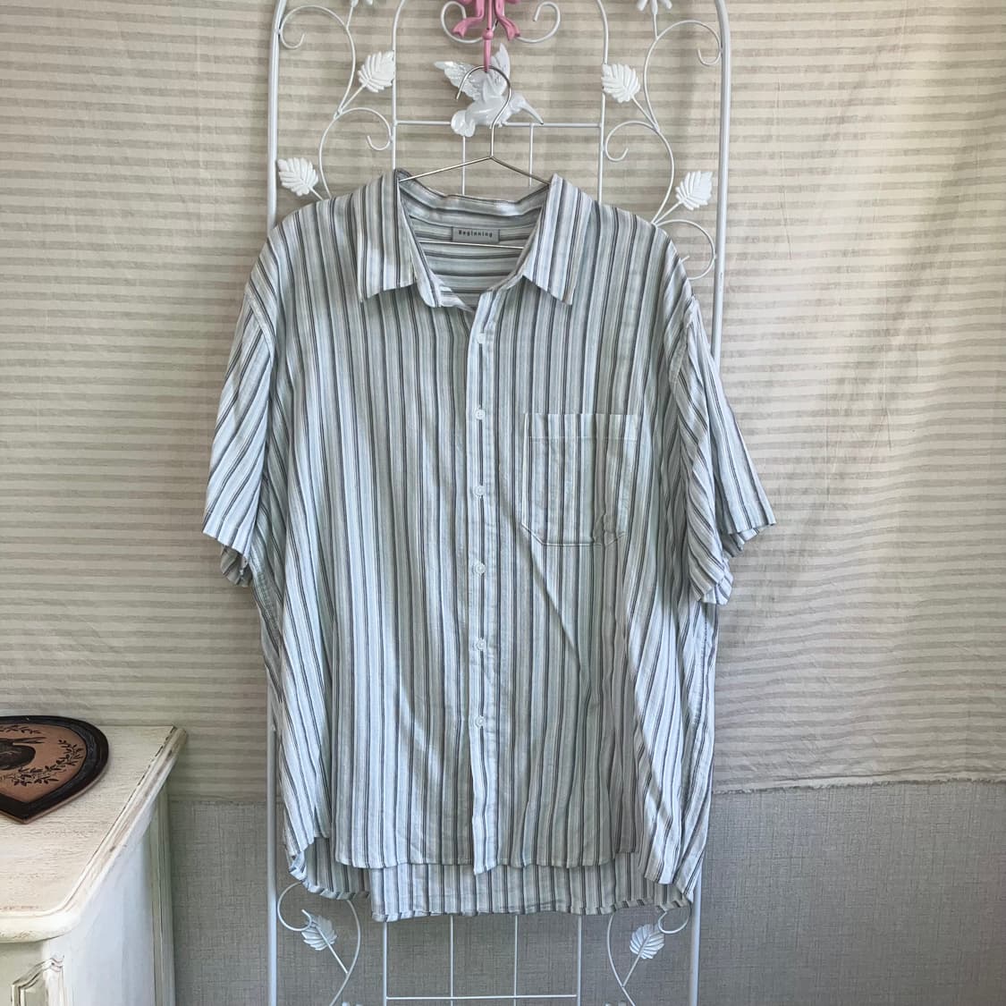 빈티지 스카이 블루 스트라이프 반팔 셔츠 y2k 스트릿 갸루 펑키461  상품이미지1