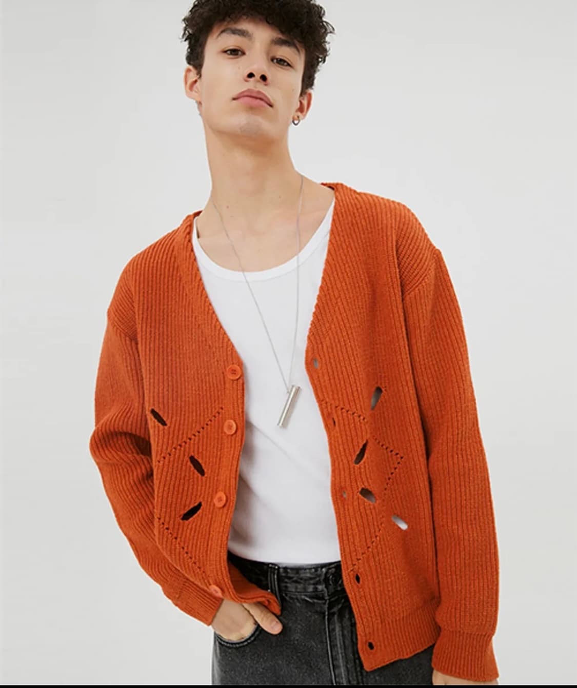 문선(moonsun) 아가일 홀 니트 가디건 오렌지 상품이미지1