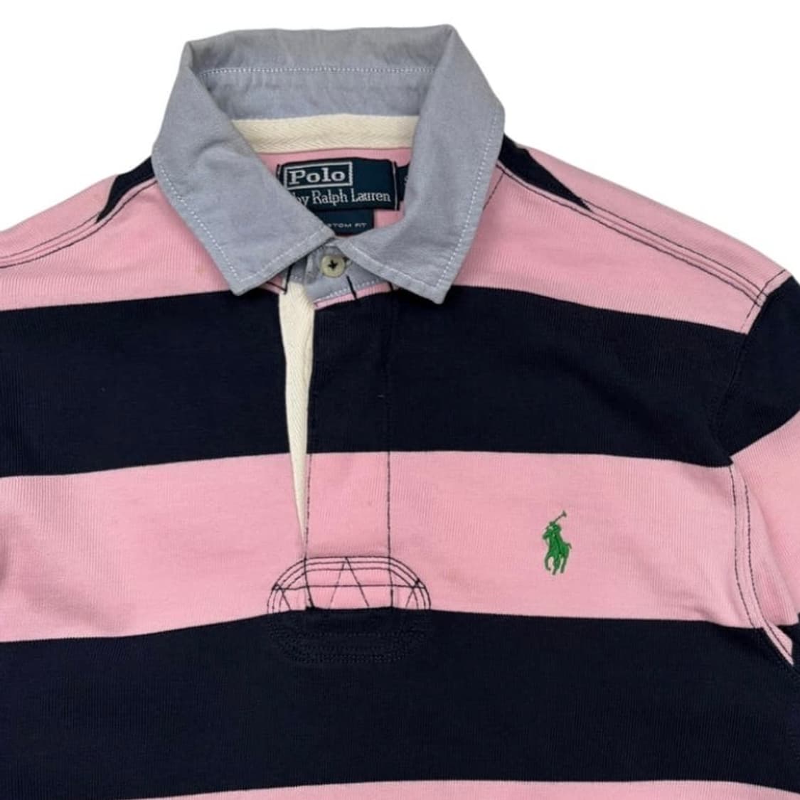90s 두산 폴로 랄프로렌 핑크 네이비 스트라이프 럭비티 S 상품이미지3