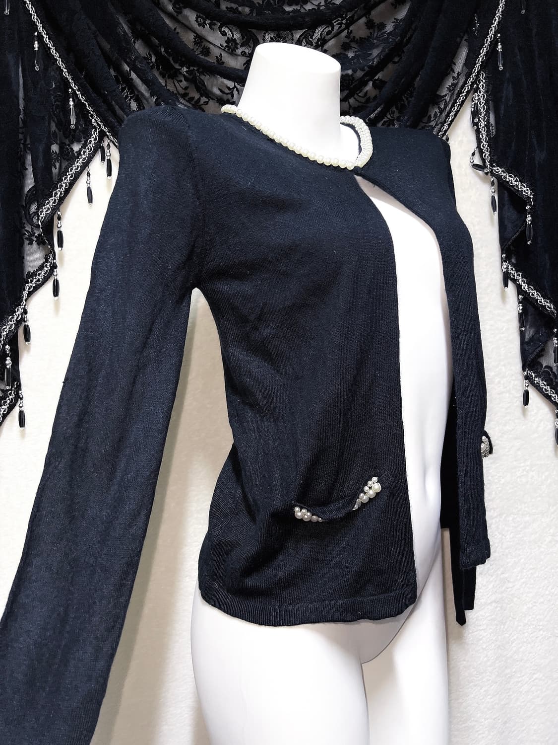 로걀탑 로맨틱갸루 진주 볼레로 블랙 니트가디건 페미닌 러블리 핀터 상품이미지1