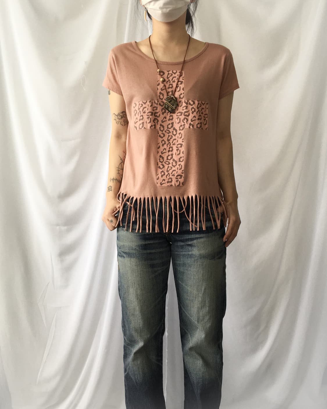 Cross printing fringe t shirt 상품이미지1