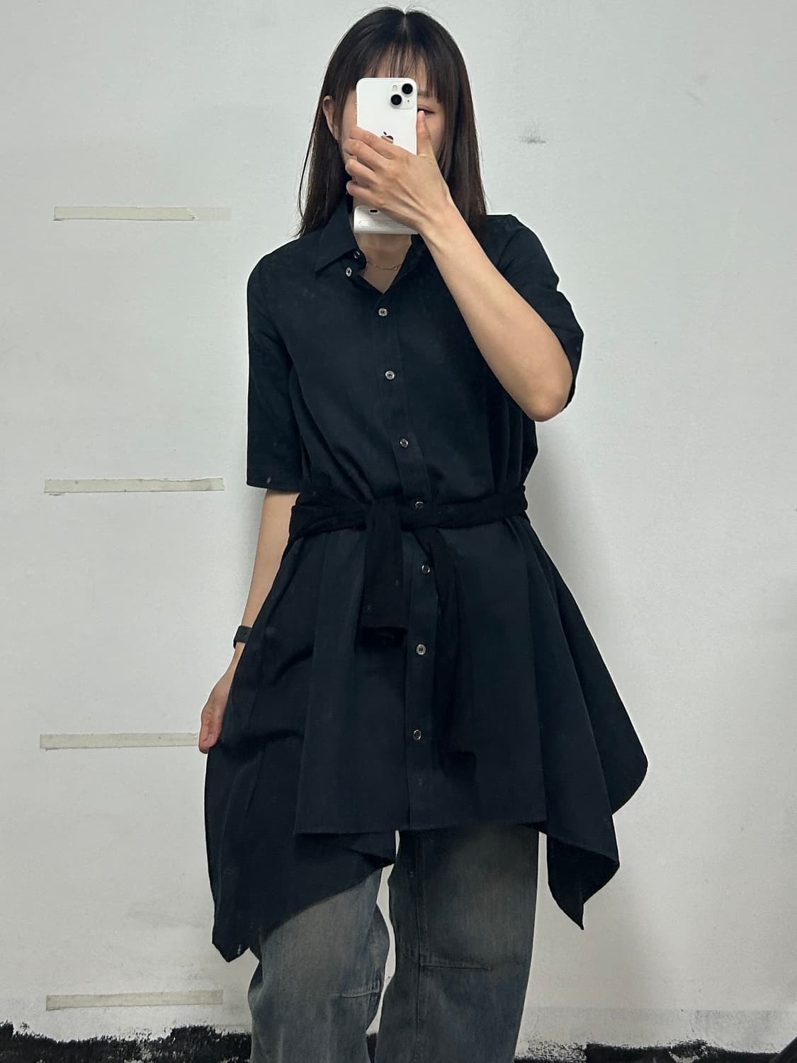 MM6 메종 마르지엘라 코튼 린넨 혼방 셔츠 드레스 블랙  상품이미지1