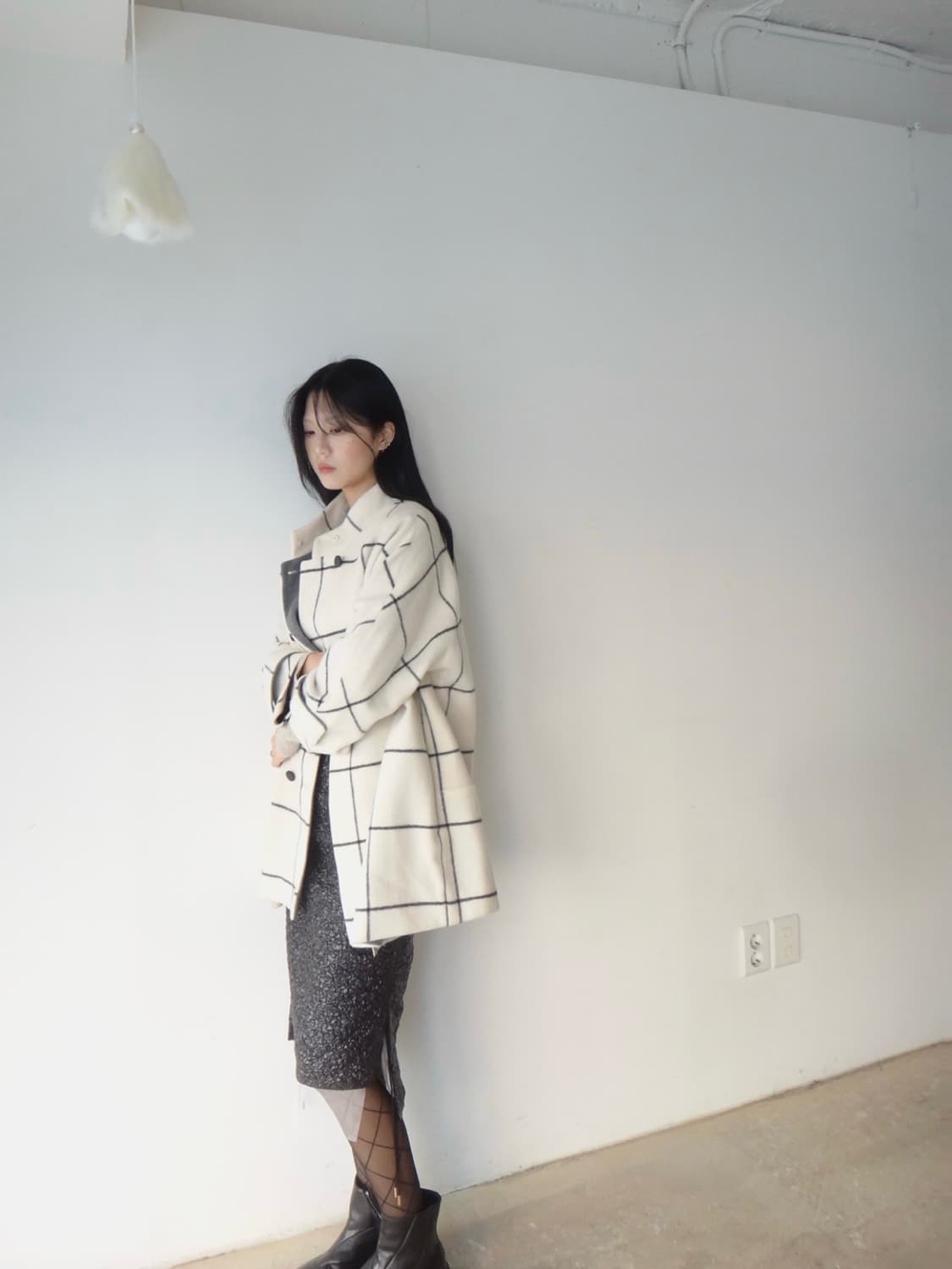 Milk grid half coat / ivory 상품이미지1