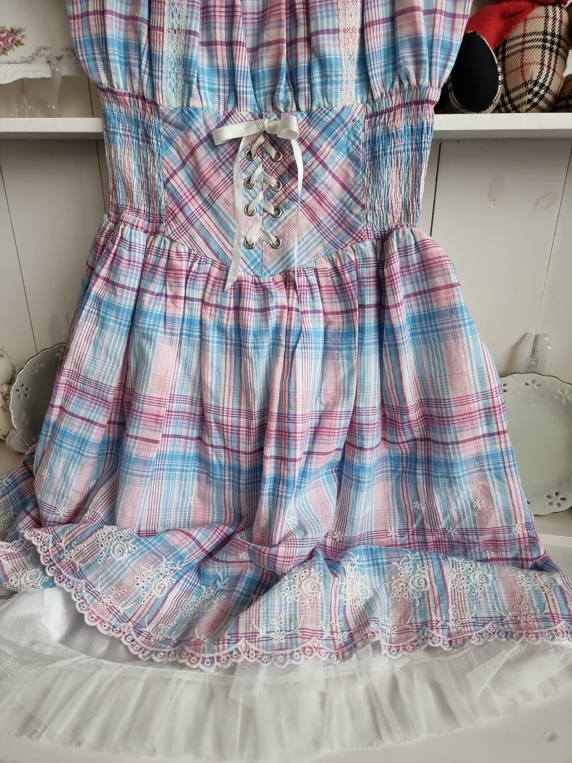 Tralala(트랄라라) 딸기우유 체크 샤링 원피스 상품이미지3