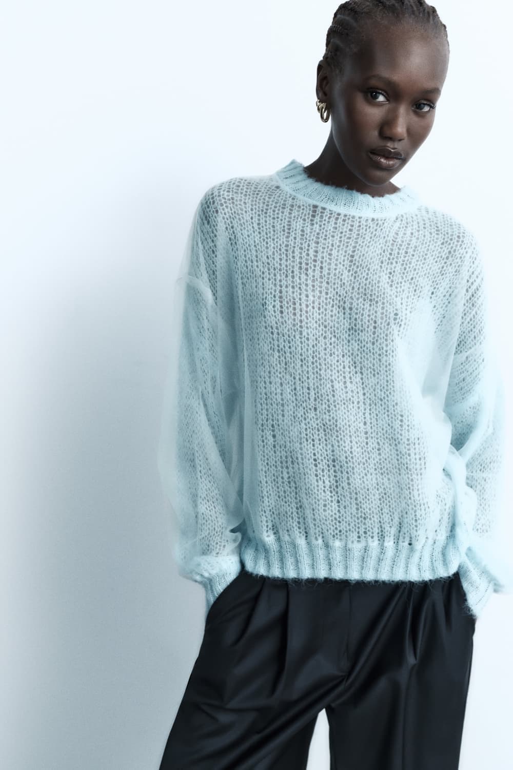새제품)자라 튤 슬리브 니트스웨터 스카이블루 쉬어 그물 상품이미지1