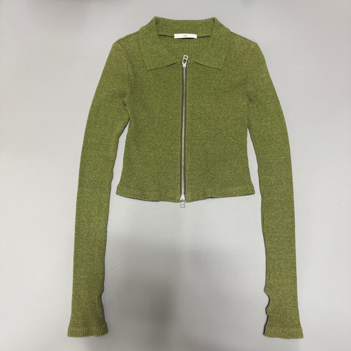 SLY JAPAN 올리브컬러 워시드 리브드 쇼트 집업 가디건 상품이미지6