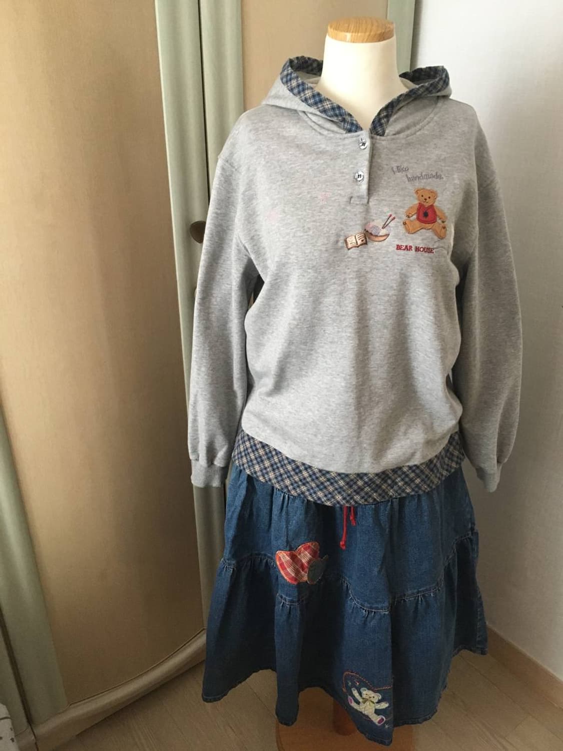 빈티지 모리걸 곰돌이 자수 코디세트 코지 후드티 캉캉 데님 상품이미지8