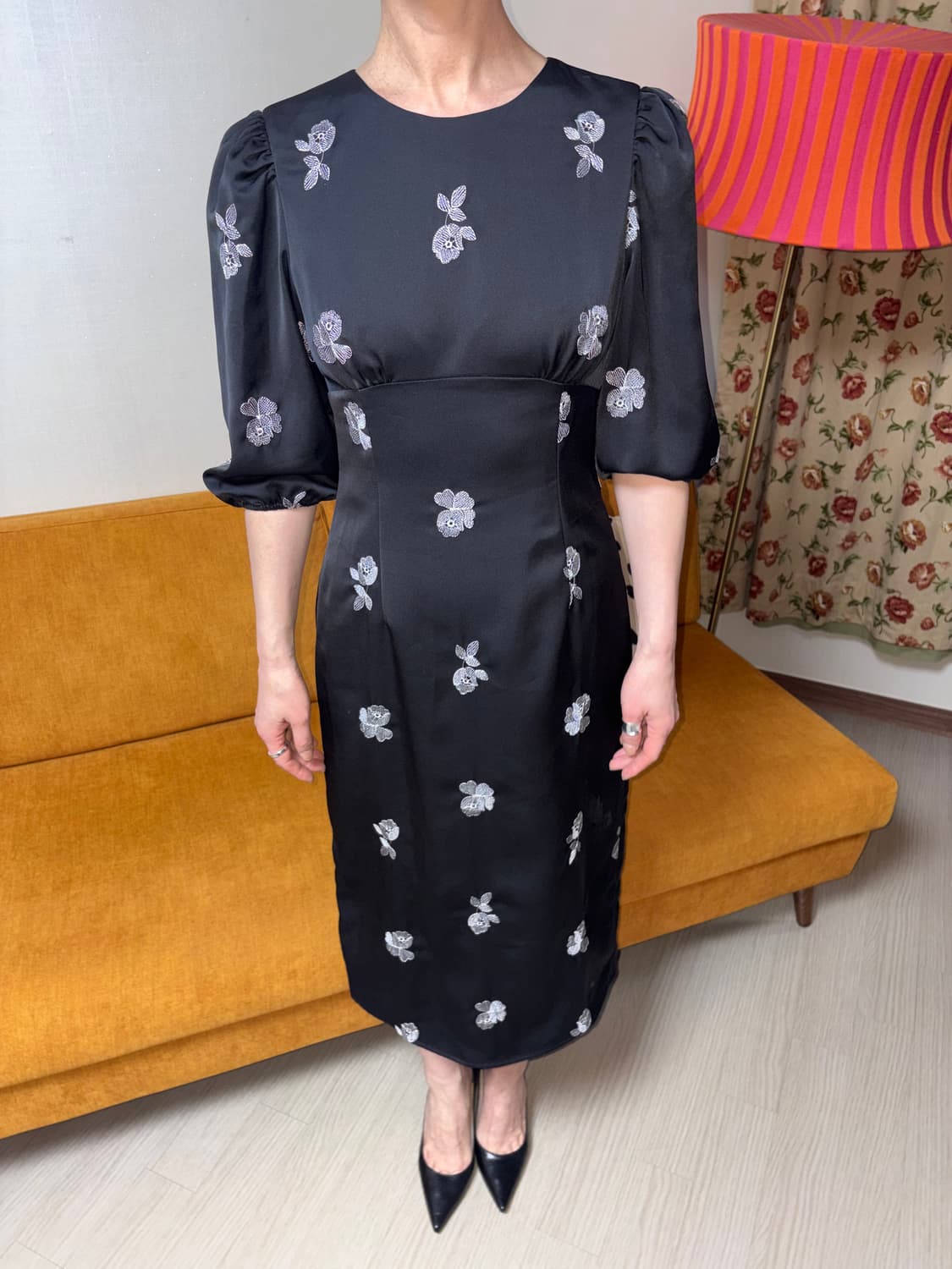 flower pattern puff black dress 상품이미지1